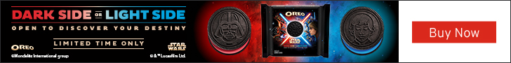 Advertisement for Oreo: Dark side or light side? Open to discover your destiny. Limited time only. Star Wars Oreos. Buy Now.