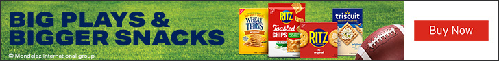 Advertisement for Mondelez International. BIG PLAYS & BIGGER SNACKS. Buy Now.