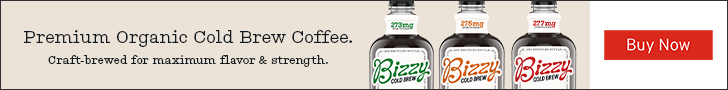 Advertisement for GetBizzy. Premium Organic Cold Brew Coffee. Craft-brewed for maximum flavor & strength. Buy Now.
