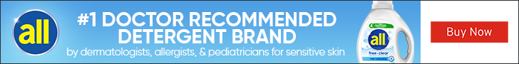 Advertisement for All. Number 1 Doctor Recommended Detergent brand. By dermatologists, allergists and pediatricians for sensitive skin. Buy Now