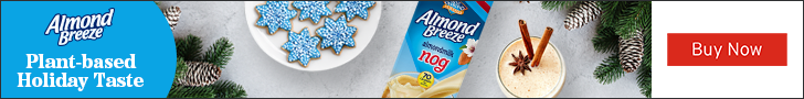 Advertisement for Almond Breeze: Plant-based Holiday Taste. Buy Now