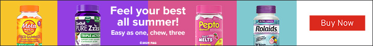Advertisement for Procter & Gamble. Feel your best all summer! Easy as one, chew, three. Buy Now.