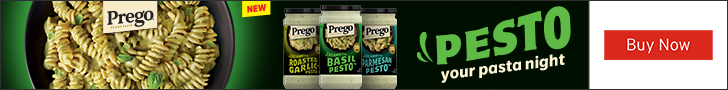 Advertisement for Prego. Pesto your pasta night. Buy Now.