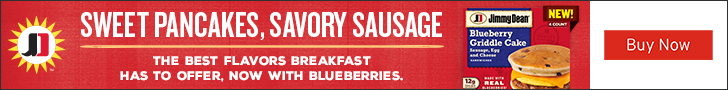 Advertisement for Tyson Foods: SWEET PANCAKES, SAVORY SAUSAGE. THE BEST FLAVORS BREAKFAST HAS TO OFFER. NOW WITH BLUEBERRIES. BUY NOW.