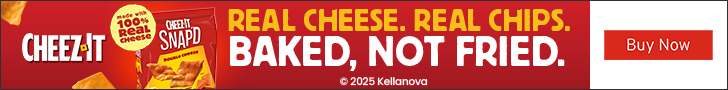 Advertisement for Kellanova. CHEEZ IT REAL CHEESE. REAL CHIPS. BAKED, NOT FRIED. Buy Now