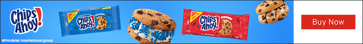 Advertisement for Mondelez International. Chips Ahoy! Buy Now.