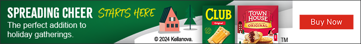 Advertisement for Kellanova. SPREADING CHEER STARTS HERE. The perfect addition to holiday gatherings. Buy Now.