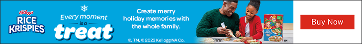 Advertisement for Kelloggs. RICE KRISPIES. Every moment is a treat. Create merry holiday memories with the whole family. Buy Now
