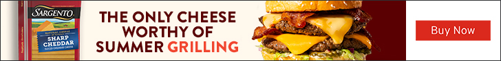 Advertisement for Sargento Foods. THE ONLY CHEESE WORTHY OF SUMMER GRILLING. Buy Now.