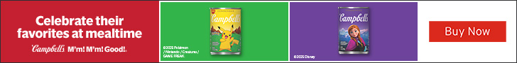 Advertisement for Campbell Soup. Celebrate their favorites at mealtime. Campbell’s M’m! M’m! Good!. Buy Now.