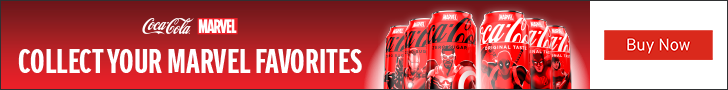 Advertisement for Coke. COLLECT YOUR MARVEL FAVORITES. Buy Now