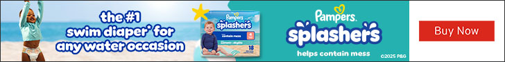 Advertisement for Procter & Gamble. the #1 swim diaper* for any water occasion. Pampers. splasher's. helps contain mess. Buy Now.