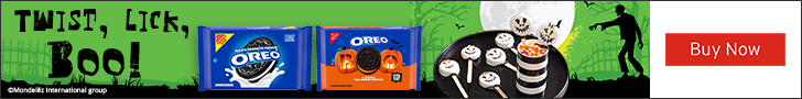 Advertisement for Mondelez International. TWIST, LICK, BOO! Buy Now.