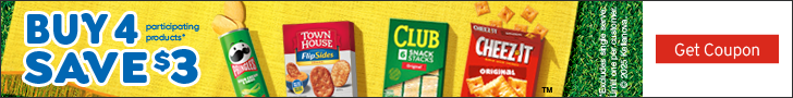 Advertisement for Kellanova. BUY4 SAVE$3. participating products*. Get Coupon.