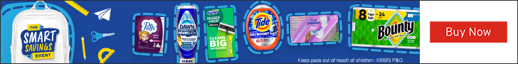 Advertisement for Procter & Gamble. The smart savings event. Buy Now.