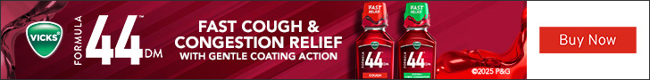 Advertisement for Procter & Gamble. FORMULA 44 DM. FAST COUGH & CONGESTION RELIEF WITH GENTLE COATING ACTION. 2025 P&G. Buy Now.