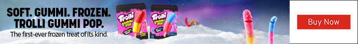 Advertisement for Wells Enterprises. SOFT. GUMMI. FROZEN. TROLLI GUMMI POP. The first-ever frozen treat of its kind. Buy Now.