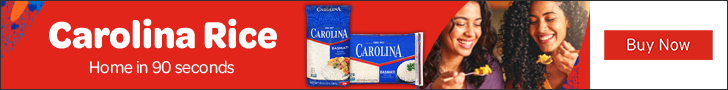 Advertisement for Riviana Foods. Carolina Rice. Home in 90 seconds. Buy Now.