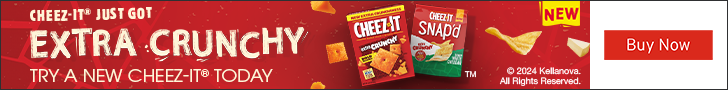 Advertisement for Kellanova. CHEEZ-IT JUST GOT. EXTRA CRUNCHY. TRY A NEW CHEEZ-IT TODAY. Buy Now