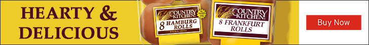 Advertisement for Flowers Bakeries. HEARTY & DELICIOUS. COUNTRY KITCHEN 8 HAMBURG ROLLS. COUNTRY KITCHEN 8 FRANKFURT ROLLS. Buy Now.