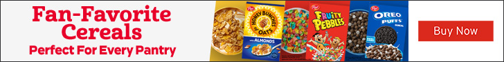 Advertisement for Post Consumer Brands. Fan-Favorite Cereals Perfect For Every Pantry. Buy Now.