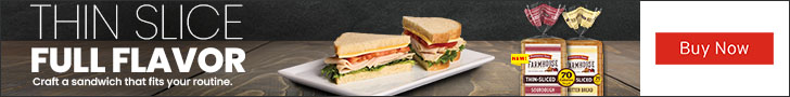 Advertisement for Campbell Soup. THIN SLICE FULL FLAVOR. Craft a sandwich that fits your routine.  Buy Now.