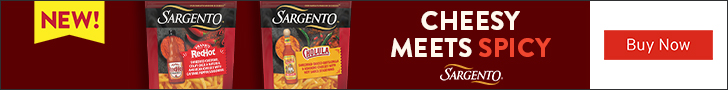 Advertisement for SARGENTO. NEW! CHEESY MEETS SPICY SARGENTO. Buy Now.