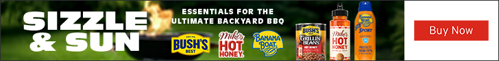 Advertisement for MikesHotHoney. SIZZLE & SUN. ESSENTIALS FOR THE ULTIMATE BACKYARD BBQ. Buy Now.