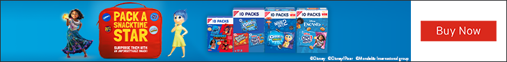 Advertisement for Mondelez International. PACK A SNACKTIME STAR. Buy Now.
