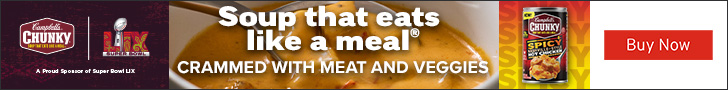 Advertisement for Campbell Soup Company: Soup that eats like a meal. Crammed with meat and veggies. Buy Now.