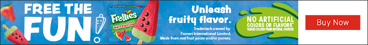 Advertisement for Frollies: Free the Fun. Unleash Fruity Flavor. No Artificial colors or Flavors. Buy Now.