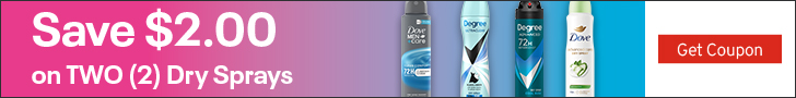Advertisement for Unilever. Save $2.00. on TWO(2) Dry Sprays. Get Coupon