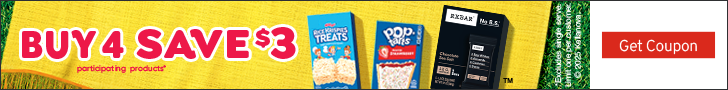 Advertisement for Kellanova. BUY4 SAVE$3. participating products*. Get Coupon.