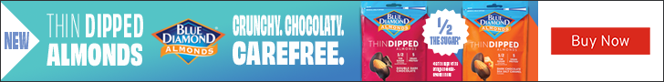 Advertisement for Blue Diamond Growers. NEW. THIN DIPPED ALMONDS. CRUNCHY. CHOCOLATY. CAREFREE. Buy Now.