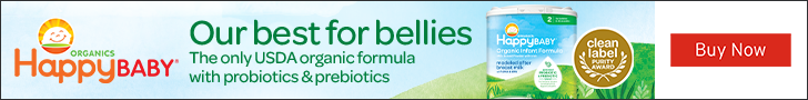 Advertisement for Happy Baby Organics: Our best for bellies. The only USDA organic formula with probiotics & prebiotics. Buy Now.