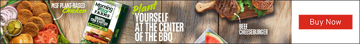 Advertisement for Kellanova. MSF PLANT-BASED Chicken. Plant YOURSELF AT THE CENTER OF THE BBQ. BEEF CHEESEBURGER. Buy Now.