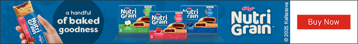 Advertisement for Kellanova. a handful of baked goodness. Nutri Grain. Buy Now.