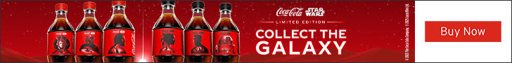 Advertisement for The Coca Cola Company. Coca Cola STAR WARS. LIMITED EDITION. COLLECT THE GALAXY. Buy Now.