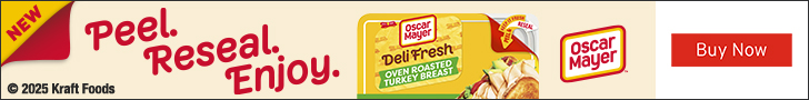 Advertisement for Kraft HeinzCo. NEW Peel. Reseal. Enjoy. Oscar Mayer. Buy Now.