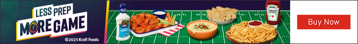 Advertisement for Kraft Heinz: LESS PREP MORE GAME. BUY NOW.