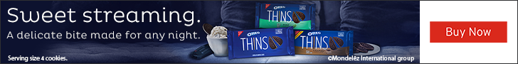 Advertisement for Oreo: Sweet streaming.  A delicate bite made for any night. Serving size 4 cookies. Buy Now.