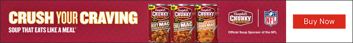 Advertisement for Campbell Soup Company. CRUSH YOUR CRAVING. SOUP THAT EATS LIKE A MEAL". Official Soup Sponsor of the NFL. Buy Now.