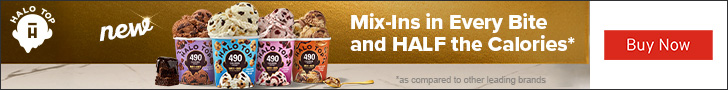 Advertisement for Wells Enterprises. HALO TOP. new. Mix-Ins in Every Bite and HALF the Calories*. Buy Now.