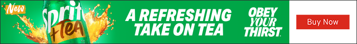 Advertisement for SPRITE. New. A Refreshing Take On Tea. Obey Your Thirst. Buy Now.