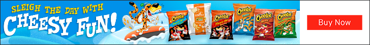 Advertisement for Cheetos: Sleigh the day with Cheesy fun! Buy Now.