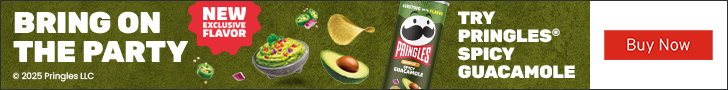 Advertisement for Kellanova. BRING ON THE PARTY. NEW EXCLUSIVE FLAVOR. TRY PRINGLES SPICY GUACAMOLE. Buy Now.