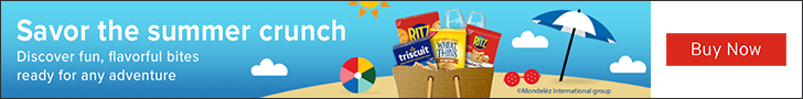 Advertisement for Mondelez International. Savor the summer crunch. Discover fun, flavorful bites ready for any adventure. Buy Now.