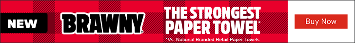 Advertisement for GeorgiaPacific.NEW. BRAWNY. THE STRONGEST PAPER TOWEL*. *Vs National Branded Retail Paper Towels. Buy Now.