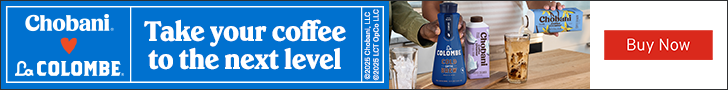 Advertisement for CHOBANI. Chobani. La COLOMBE. Take your coffee to the next level. Buy Now.