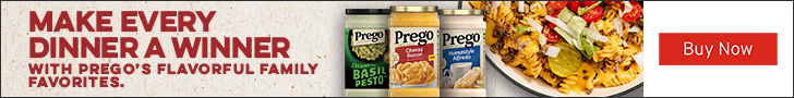 Advertisement for Campbell Soup Company.  MAKE EVERY DINNER A WINNER. WITH PREGO'S FLAVORFUL FAMILY FAVORITES. Buy Now.